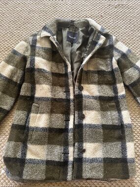 Madewell Olive, Cream & Gray Plaid Wool-Blend Coat
